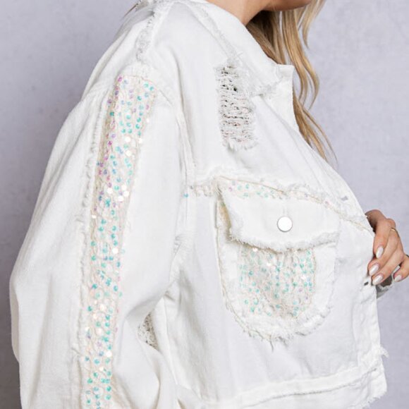 Distressed Denim Jacket with Sequined Details - Picture 5 of 17